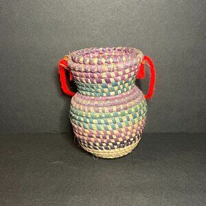 Hand-Woven Small Purple & Green Olla Basket Jar w/ Lid & Red Carrying Handle 5"